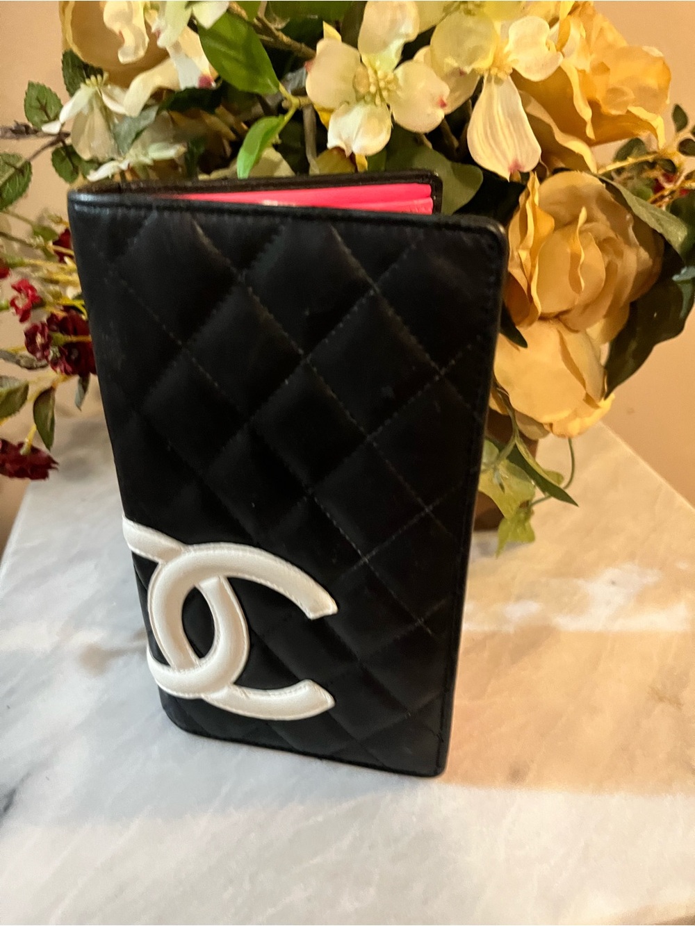 CHANEL Cambon black Quilted Wallet with White CC Emblem and Pink Interior